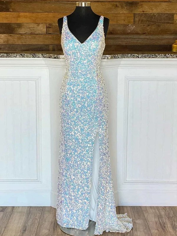 Sky Blue Sequin V-Neck Sheath Floor-Length Evening Dress