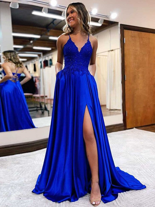 Vestidos de corte A/princesa de satén tejido con apliques, escote en V, sin mangas y cola larga