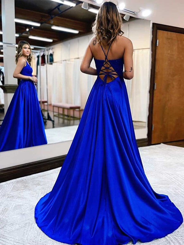 Vestidos de corte A/princesa de satén tejido con apliques, escote en V, sin mangas y cola larga