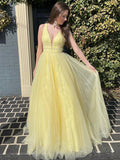 Yellow Tulle A-Line Floor-Length Dress with V-Neck & Beaded Waist + Glitter Tulle Skirt