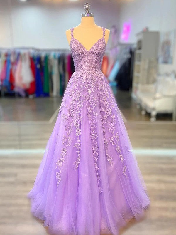Abiti a trapezio/principessa in tulle con applicazioni, scollo a V, senza maniche, con strascico a ruota