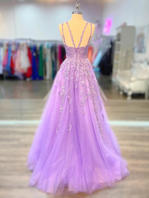 Abiti a trapezio/principessa in tulle con applicazioni, scollo a V, senza maniche, con strascico a ruota