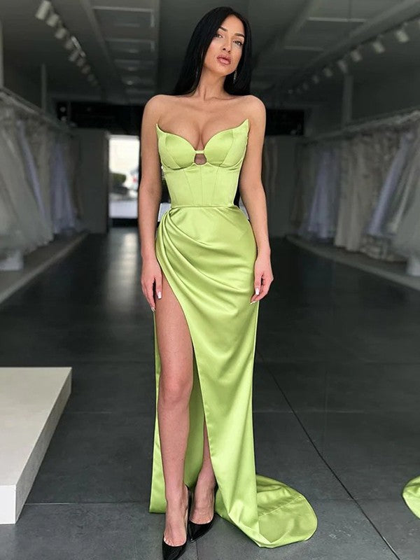 Green Satin Floor-Length Sheath/column Sweetheart Dress with Boned Bodice and High Slit