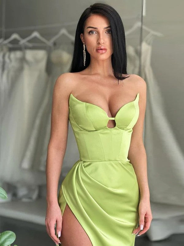 Green Satin Floor-Length Sheath/column Sweetheart Dress with Boned Bodice and High Slit