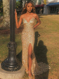 Gold Sequin Mermaid Floor-Length Evening Dress with V-Neck and Open Back