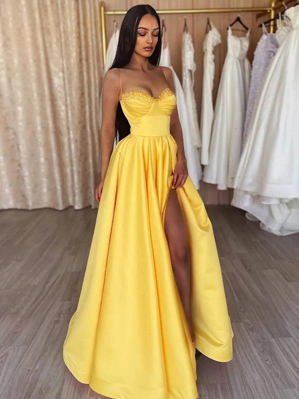 Vestidos de satén con volantes, tirantes finos, sin mangas y corte princesa hasta el suelo