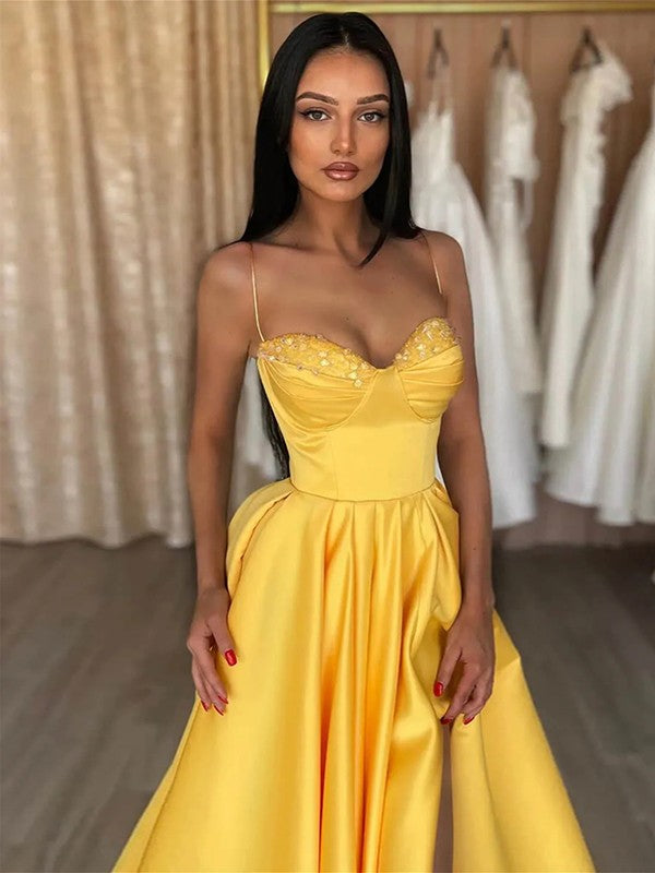 Yellow Satin A-Line Floor-Length Evening Dress with Sweetheart Neckline and High Slit