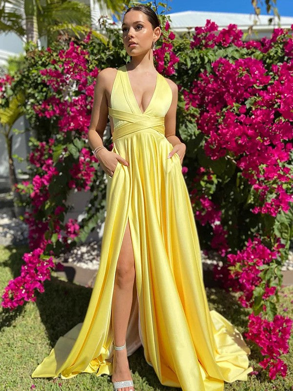 Yellow Satin A-Line Floor-Length Halter Neck Evening Dress with High Slit