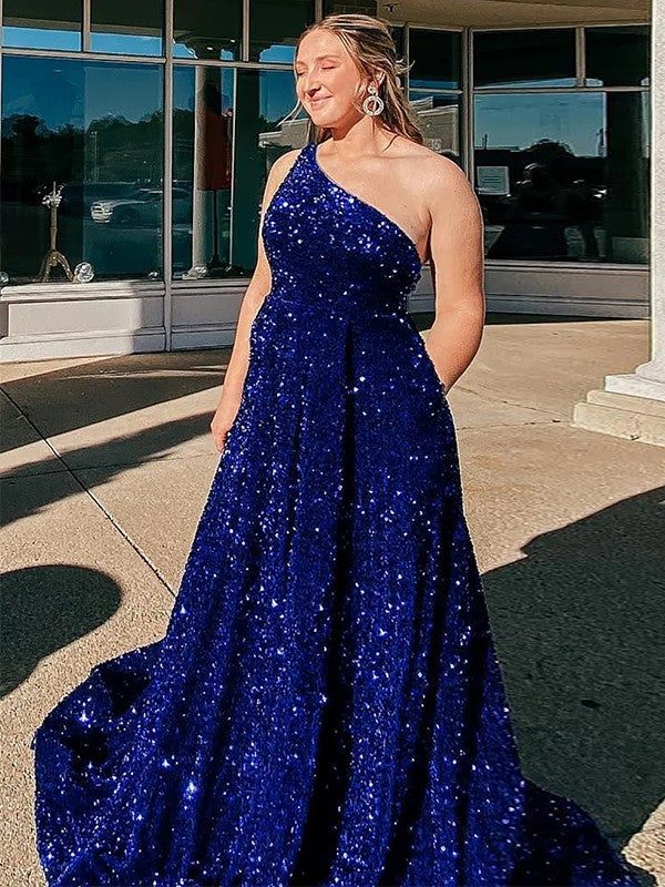 Royal Blue Sequin One Shoulder A-Line Floor-Length Evening Dress