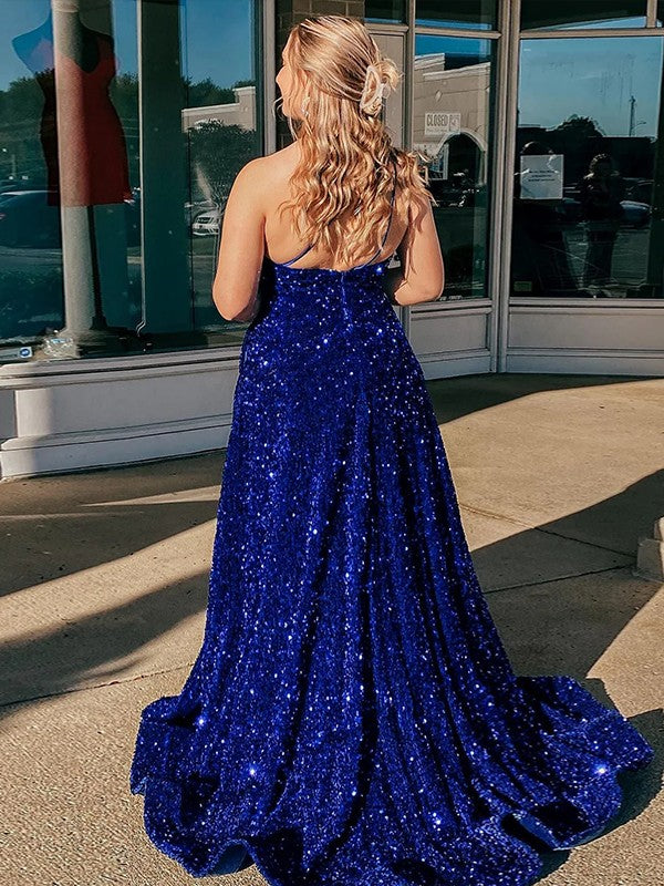 Royal Blue Sequin One Shoulder A-Line Floor-Length Evening Dress