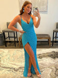 Teal Sequin V-Neck Floor-Length Sheath/column Evening Dress with High Slit