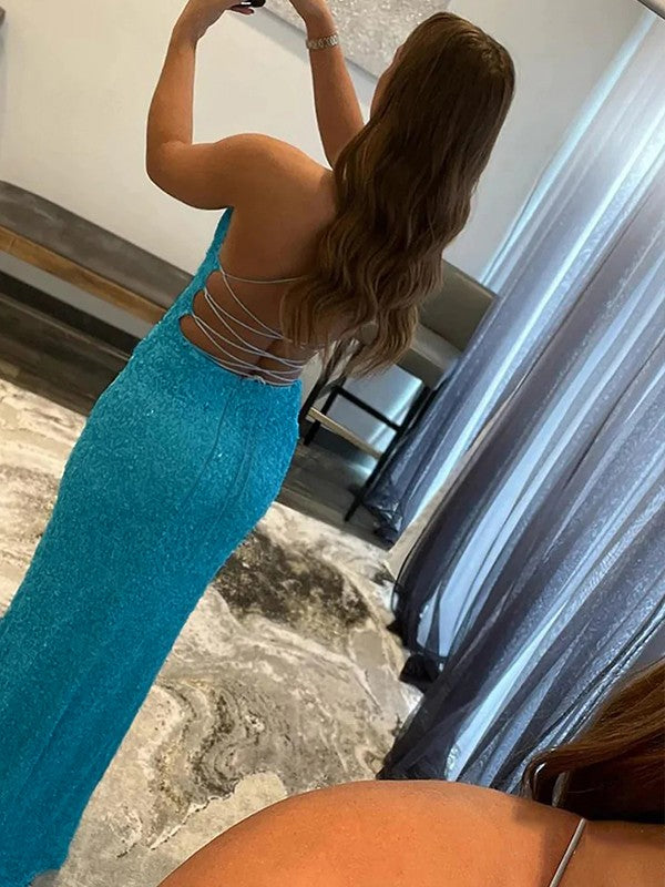 Teal Sequin V-Neck Floor-Length Sheath/column Evening Dress with High Slit