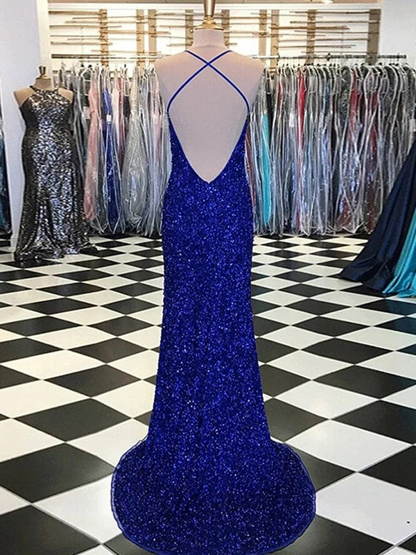 Royal Blue Sequin Mermaid Floor-Length Evening Dress with Halter Neckline