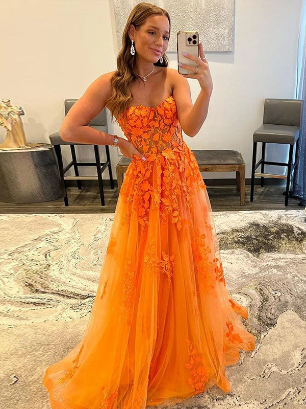 Orange Tulle A-Line Floor-Length Dress with Sweetheart Neckline and 3D Floral Appliques
