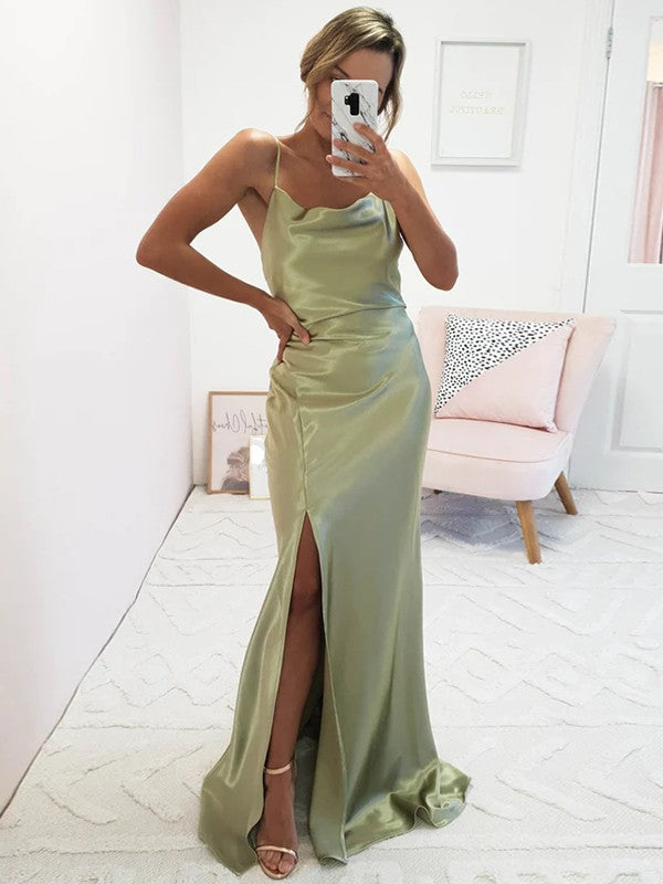 Sage Green Satin Cowl Neck Floor-Length Sheath Bridesmaid Dress with High Slit