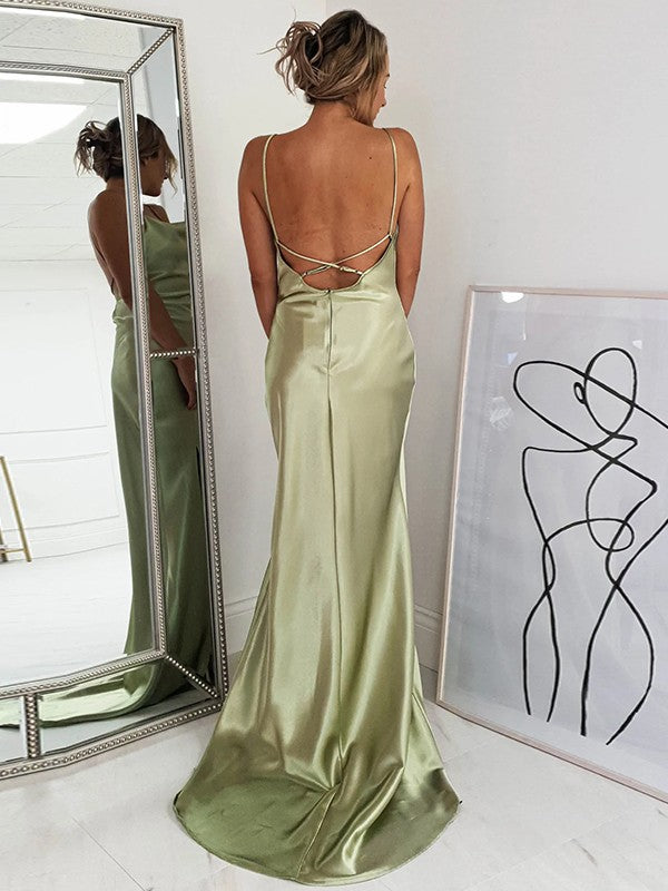 Sage Green Satin Cowl Neck Floor-Length Sheath Bridesmaid Dress with High Slit