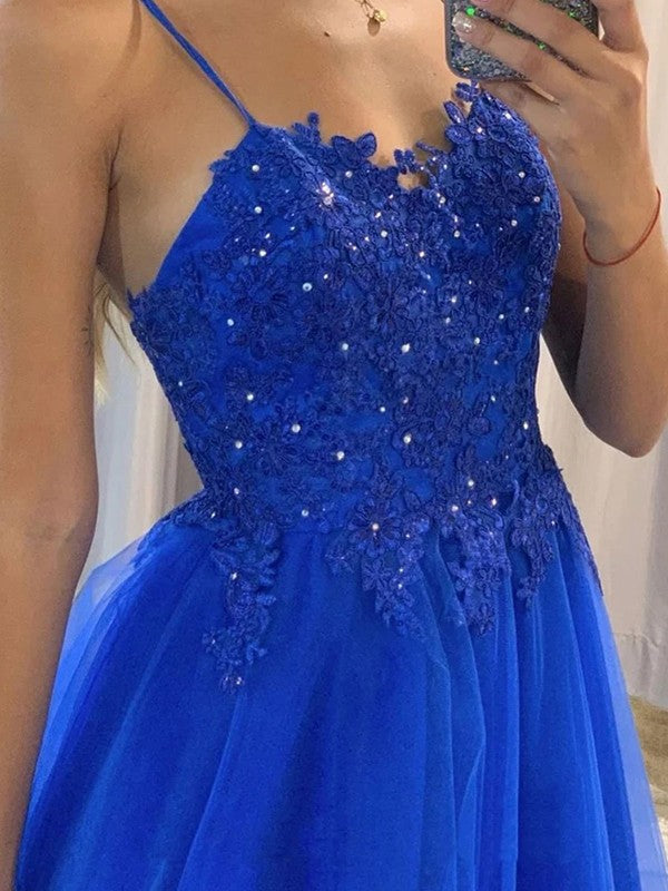 Vestidos de corte A/princesa con apliques de tul, tirantes finos, sin mangas y cola larga