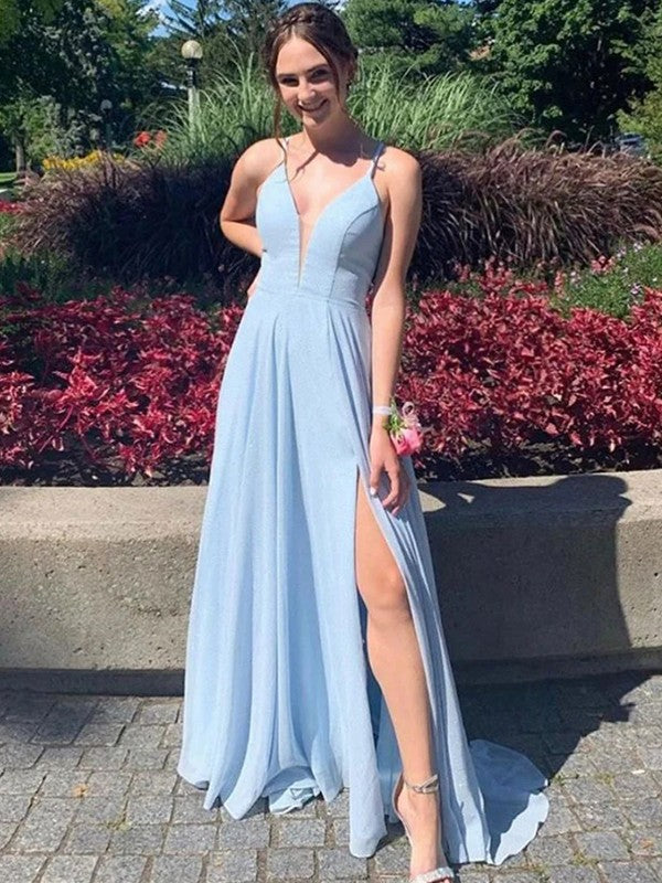 Sky Blue Chiffon A-Line Floor-Length Bridesmaid Dress | V-Neck, High Slit