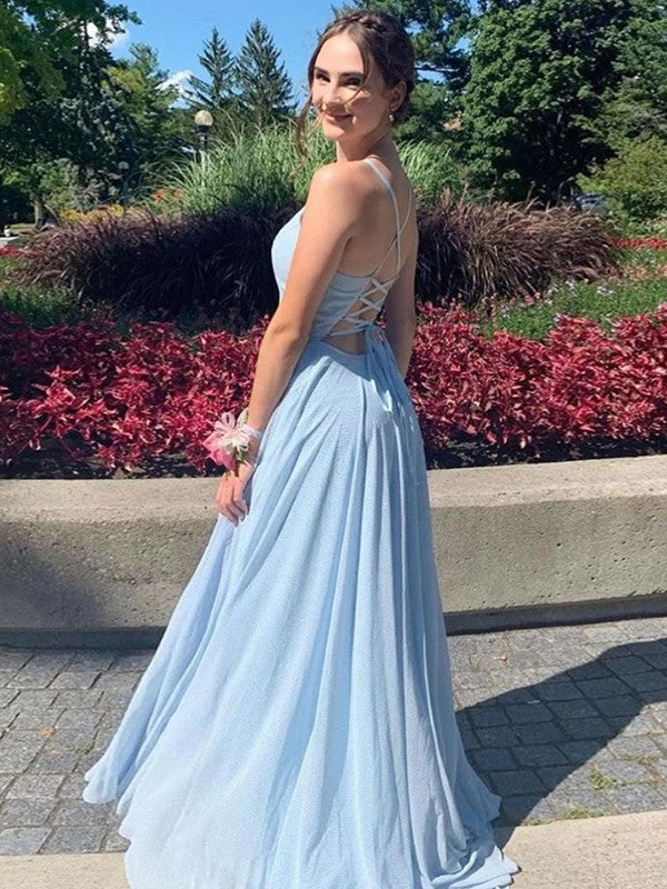 Sky Blue Chiffon A-Line Floor-Length Bridesmaid Dress | V-Neck, High Slit