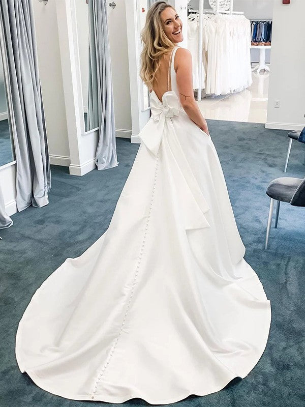 Vestidos de novia de corte A/princesa, satén, lazo, escote en V, sin mangas, cola de corte