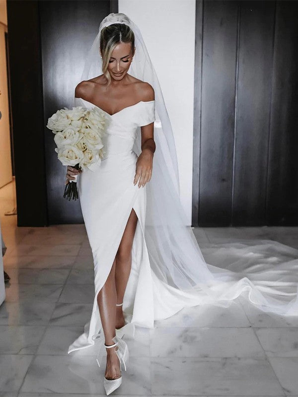 Sheath/Column  Crepe Ruched Off-the-Shoulder Sleeveless Chapel Train Wedding Dresses