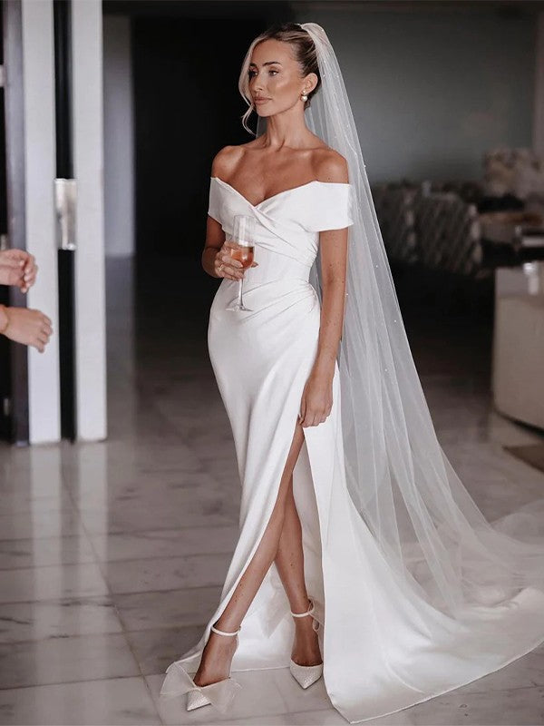 Sheath/Column  Crepe Ruched Off-the-Shoulder Sleeveless Chapel Train Wedding Dresses