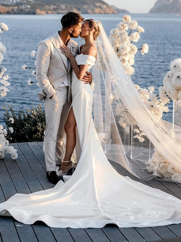 Sheath/Column  Crepe Ruched Off-the-Shoulder Sleeveless Chapel Train Wedding Dresses