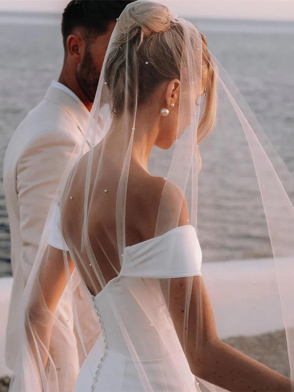 Sheath/Column  Crepe Ruched Off-the-Shoulder Sleeveless Chapel Train Wedding Dresses