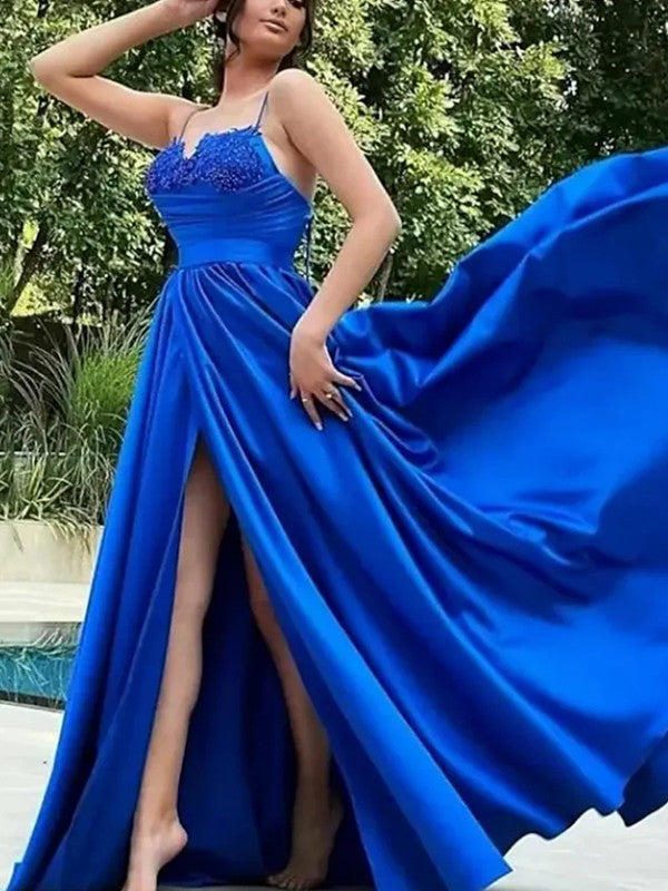 Blue Satin A-Line Floor-Length Evening Dress | Embellished Sweetheart Neckline
