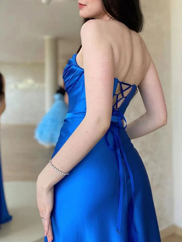 Royal Blue Satin Sheath/Column Floor-Length Evening Dress with Ruched Bodice & High Slit