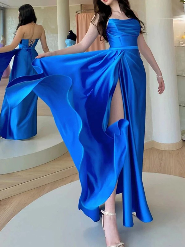 Royal Blue Satin Sheath/Column Floor-Length Evening Dress with Ruched Bodice & High Slit