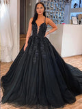 Abiti da ballo in tulle con applicazioni, scollo a V, senza maniche, strascico
