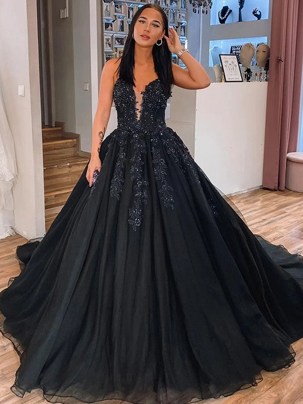 Vestido de fiesta con apliques de tul, escote en V, sin mangas, cola de corte