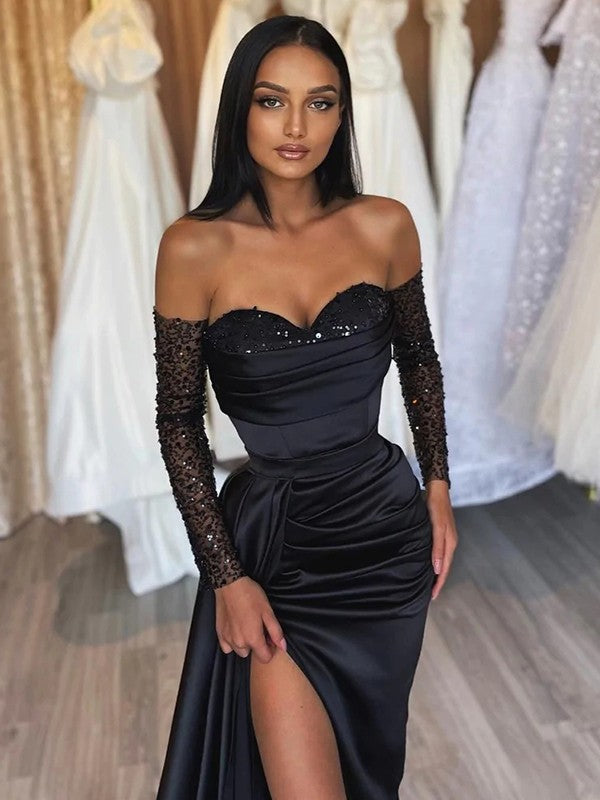 Black Satin Sheath/column Evening Dress with Sequin Sleeves & High Slit