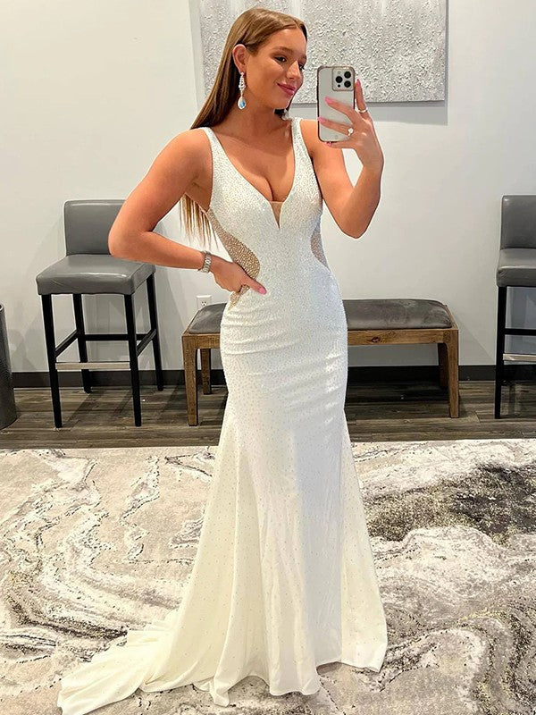 Abiti a tubino/colonna in crêpe con strass, scollo a V, senza maniche, con strascico a ruota