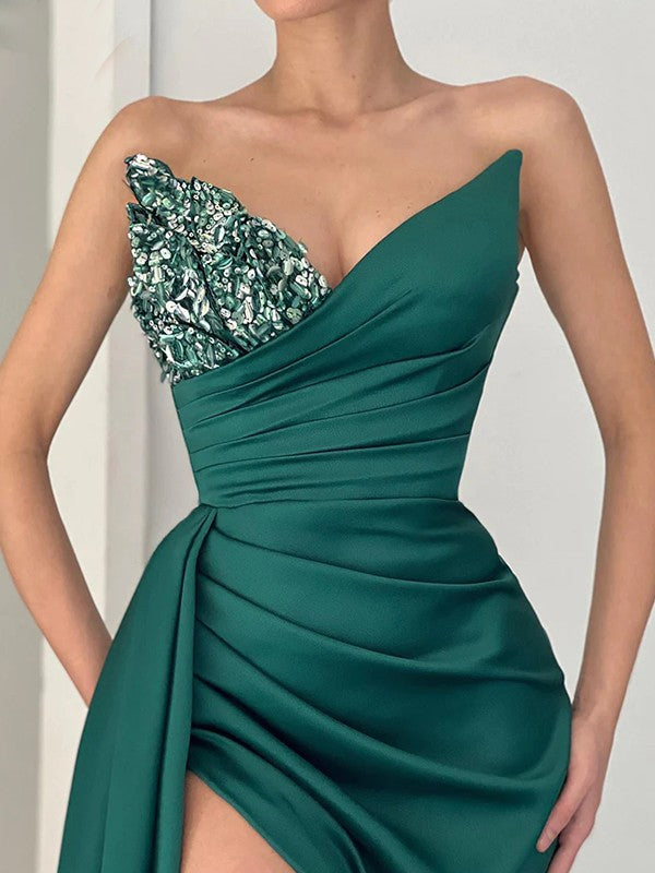 Emerald Satin Mermaid Floor-Length Sweetheart Draped Bodice High Slit Sequin Embellishment Formal Dress