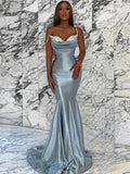 Sky Blue Satin Mermaid Sweetheart Floor-Length Evening Dress