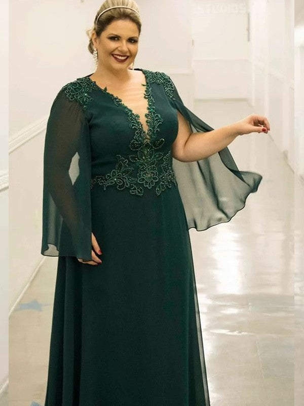 Abiti da sposa taglie forti per la madre della sposa, stile principessa/a, in chiffon 30D, senza maniche, con scollo a V e applicazioni, lunghi fino al pavimento