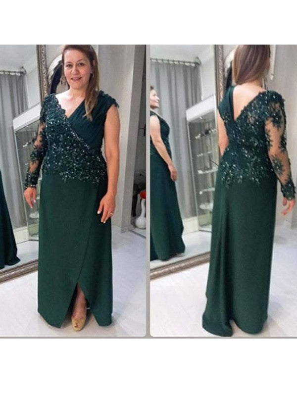 Vestidos para madre de la novia de corte A/princesa, con apliques de crepé, escote en V, mangas largas y largo hasta el suelo