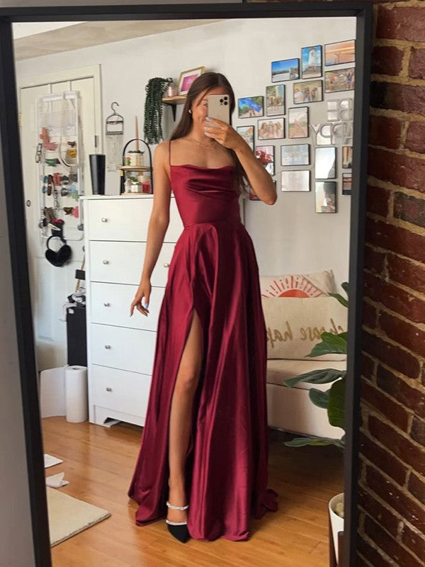 Burgundy Satin A-Line Floor-Length Dress with Cowl Neck and High Slit
