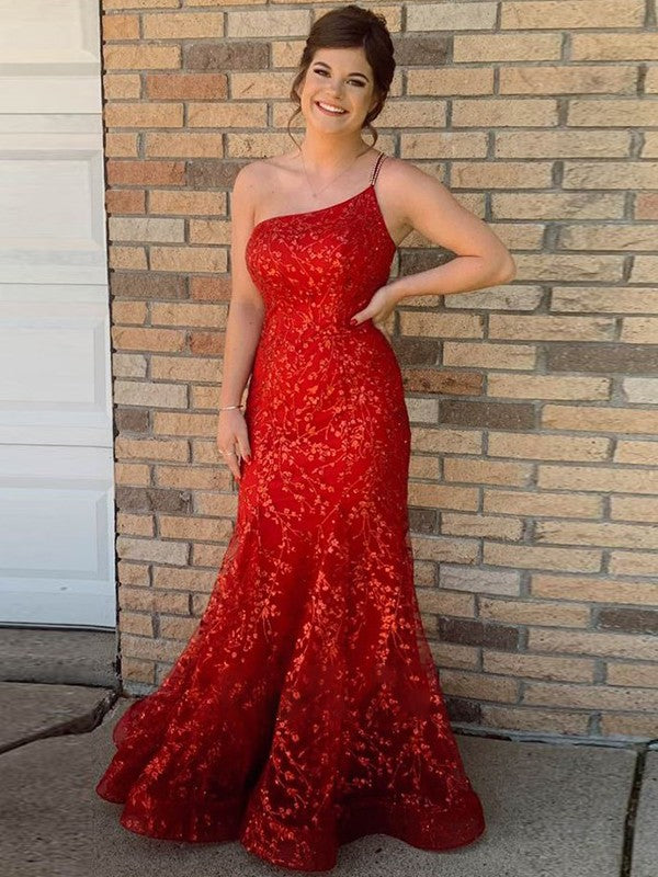 Vestidos de encaje de trompeta/sirena, sin mangas, de un solo hombro y hasta el suelo