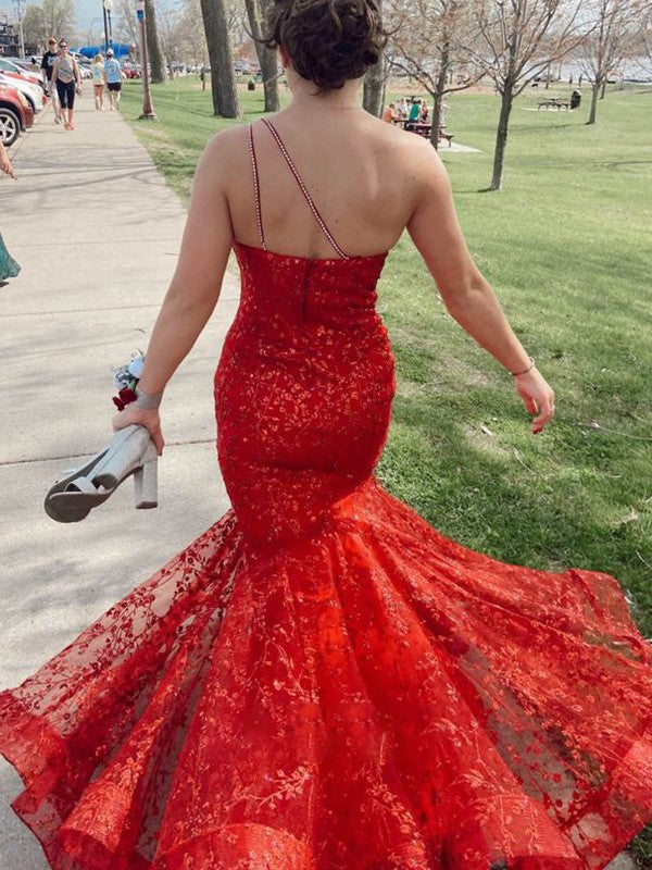 Vestidos de encaje de trompeta/sirena, sin mangas, de un solo hombro y hasta el suelo