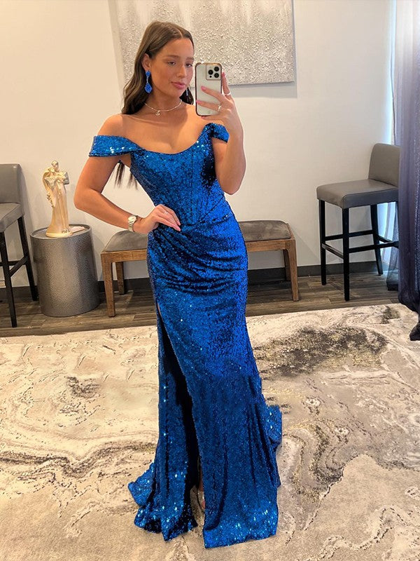 Royal Blue Sequin Off-the-Shoulder High Slit Floor-Length Gown