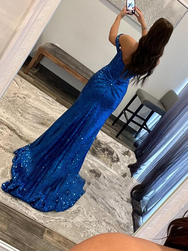Royal Blue Sequin Off-the-Shoulder High Slit Floor-Length Gown
