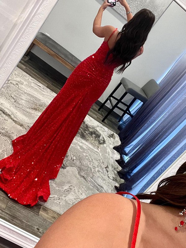 Red Sequin Mermaid Floor-Length Evening Dress