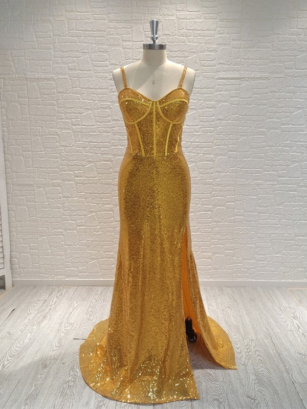 Abiti a tubino/colonna con paillettes, spalline sottili, senza maniche, con strascico a ruota