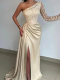Champagne Satin One Shoulder Sheath/column Floor-Length with Draped Slit