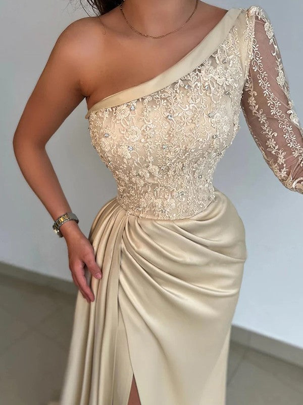 Champagne Satin One Shoulder Sheath/column Floor-Length with Draped Slit