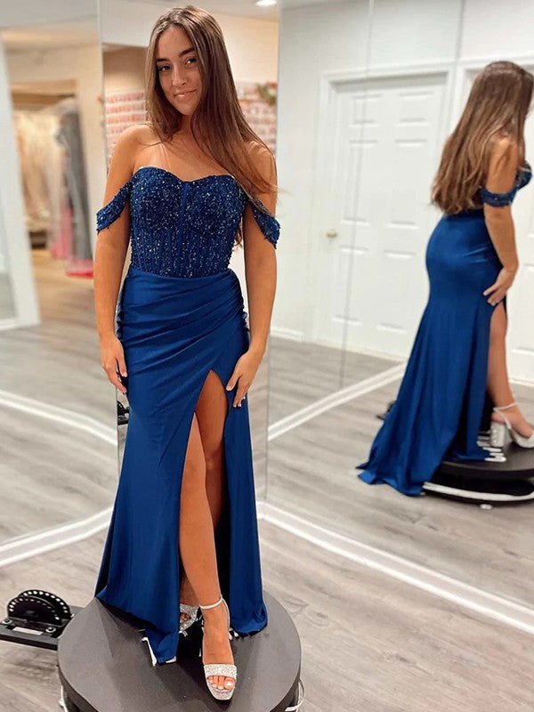 Sheath/Column Silk Like Satin Ruched Off-the-Shoulder Sleeveless Sweep/Brush Train Dresses