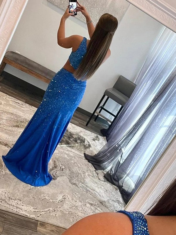 Abiti a tubino/colonna in jersey con strass, monospalla, senza maniche, con strascico a ruota/spazzola